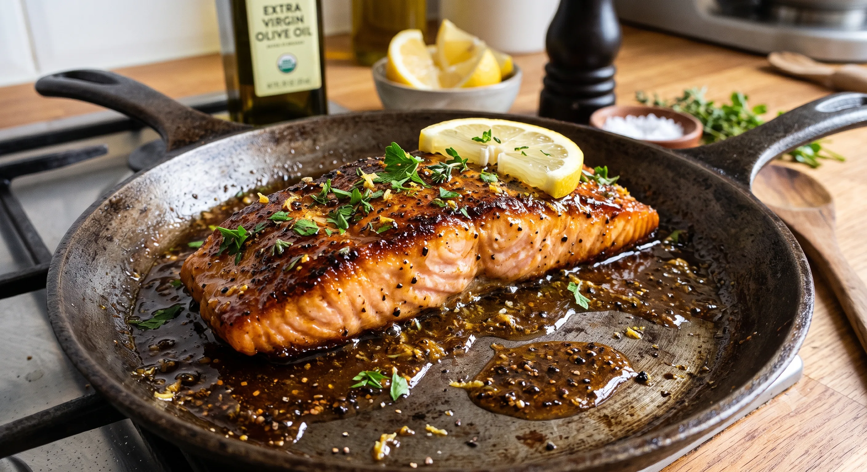 Pan-Seared Salmon with a Lemon Black Pepper Honey Glaze